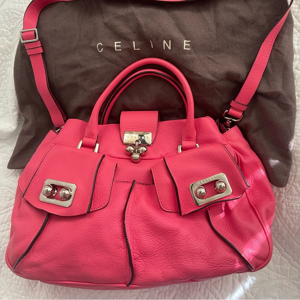 Celine Blossom handbag, bright pink bag with silver hardware.